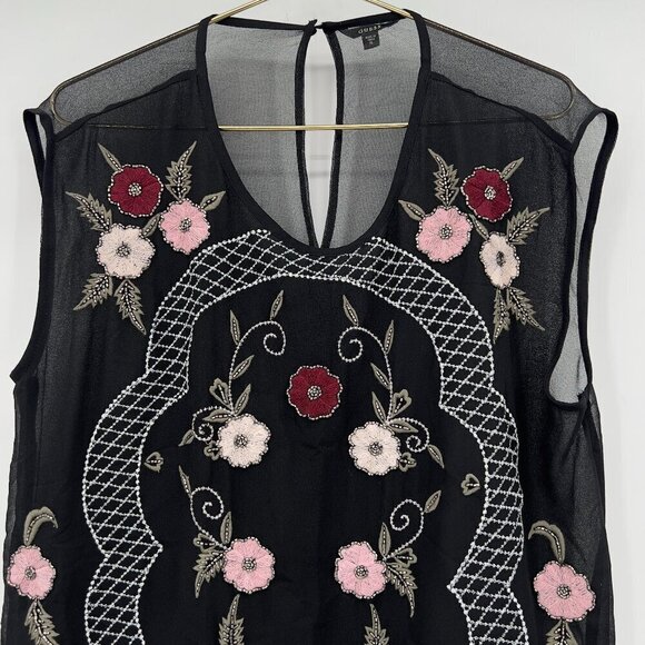 GUESS Embroidered /Embellished Sheer Black/Floral Sleeveless Top Women's XL - Picture 3 of 10